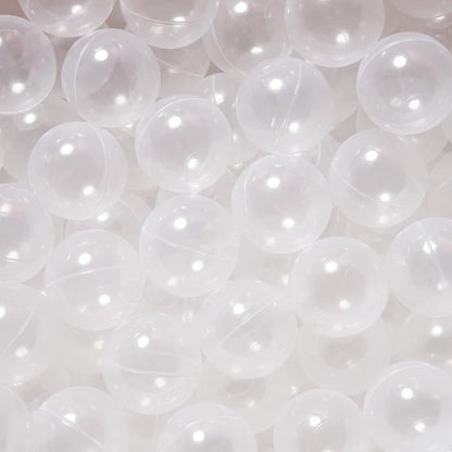 Close-up of clear 8 cm transparent plastic ball pit balls with smooth, rounded surfaces.
