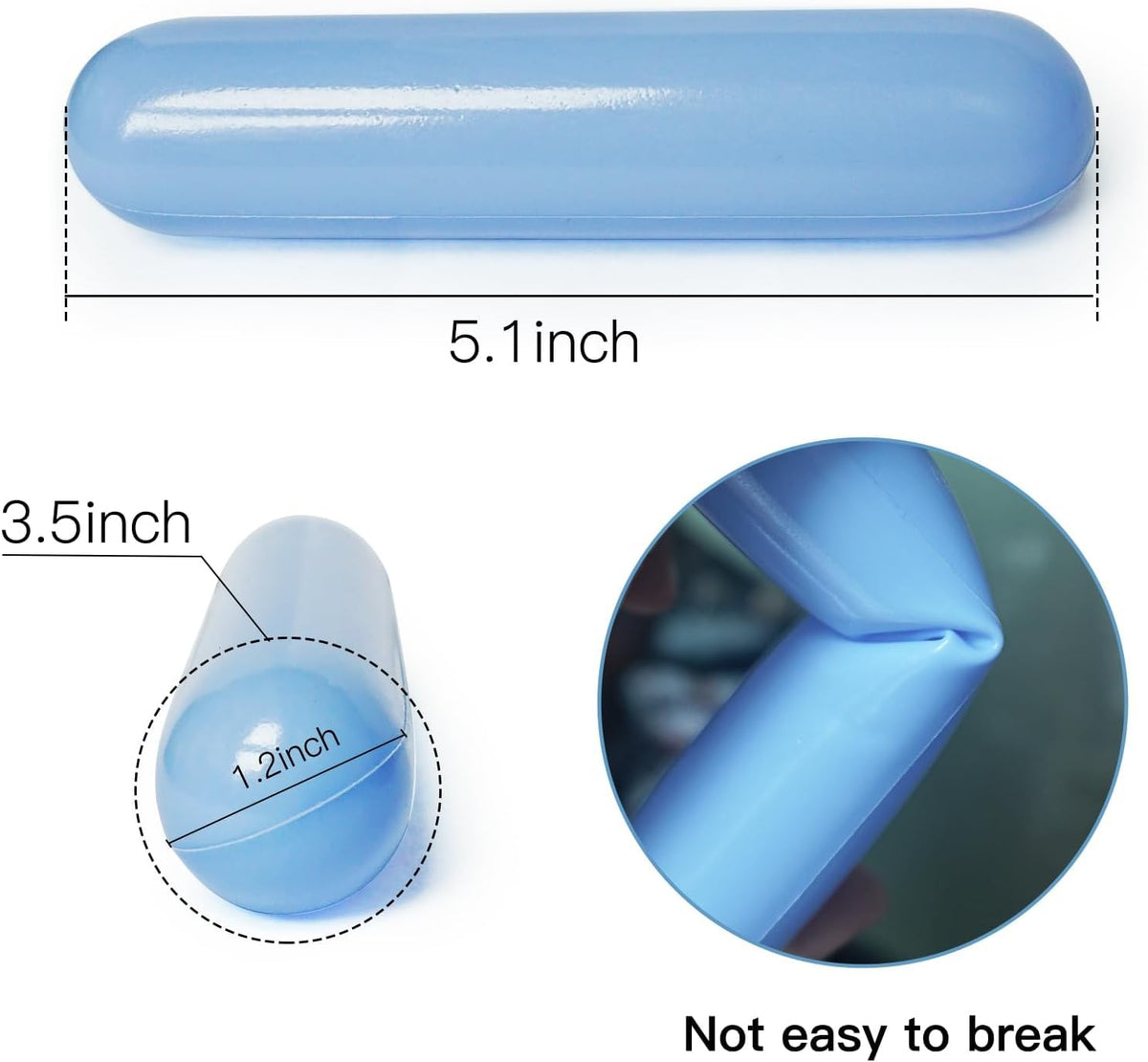 Blue cylinder-shaped plastic ball with size measurements and a close-up demonstrating flexibility.