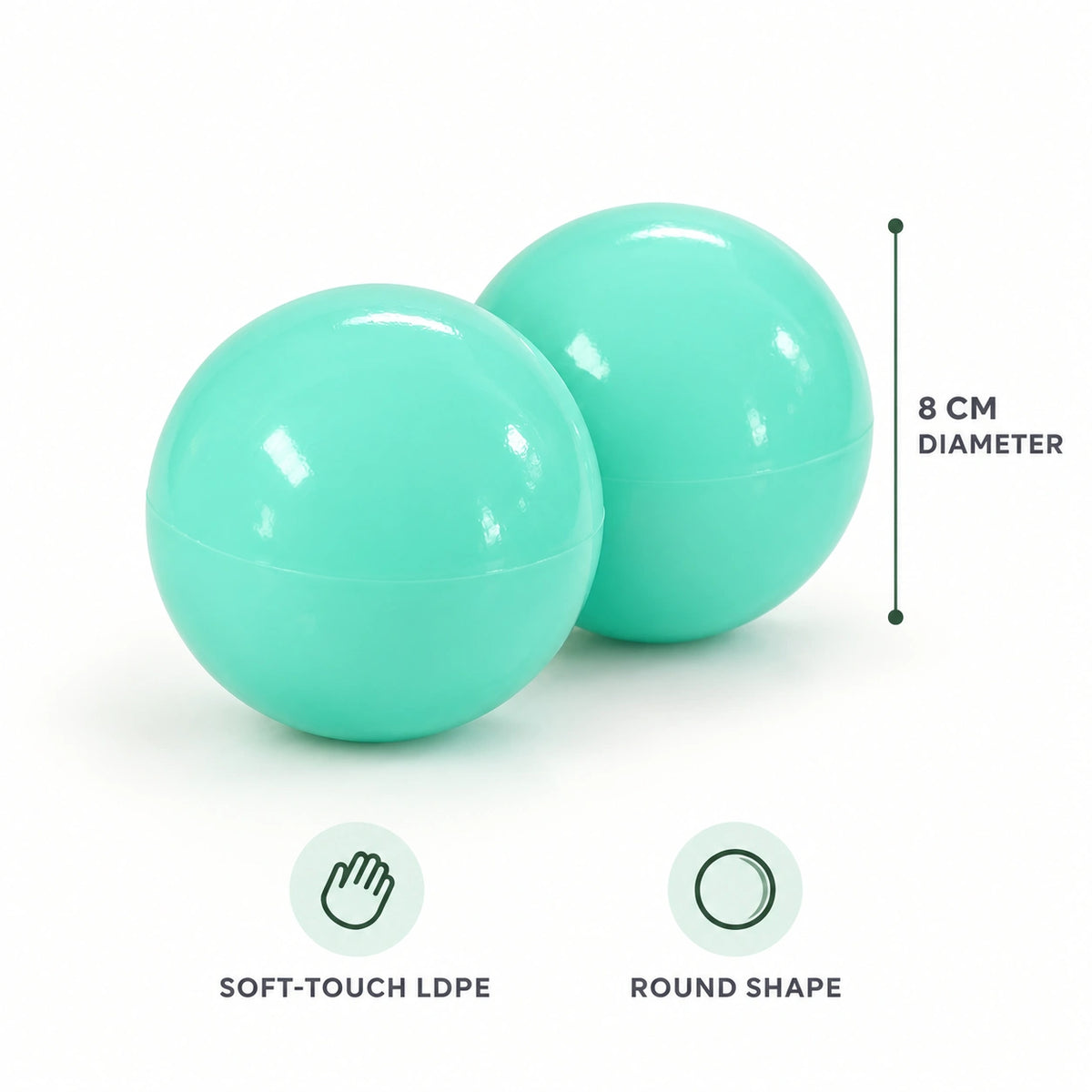 Two mint green 8cm LDPE ball pit balls showing the diameter, soft-touch material and round shape