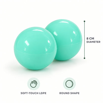 Two mint green 8cm LDPE ball pit balls showing the diameter, soft-touch material and round shape