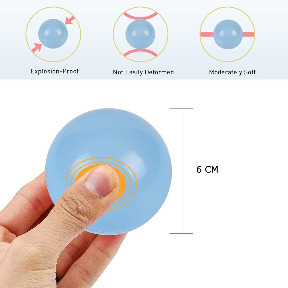 Soft-touch 6 cm LDPE plastic ball showing size and flexibility