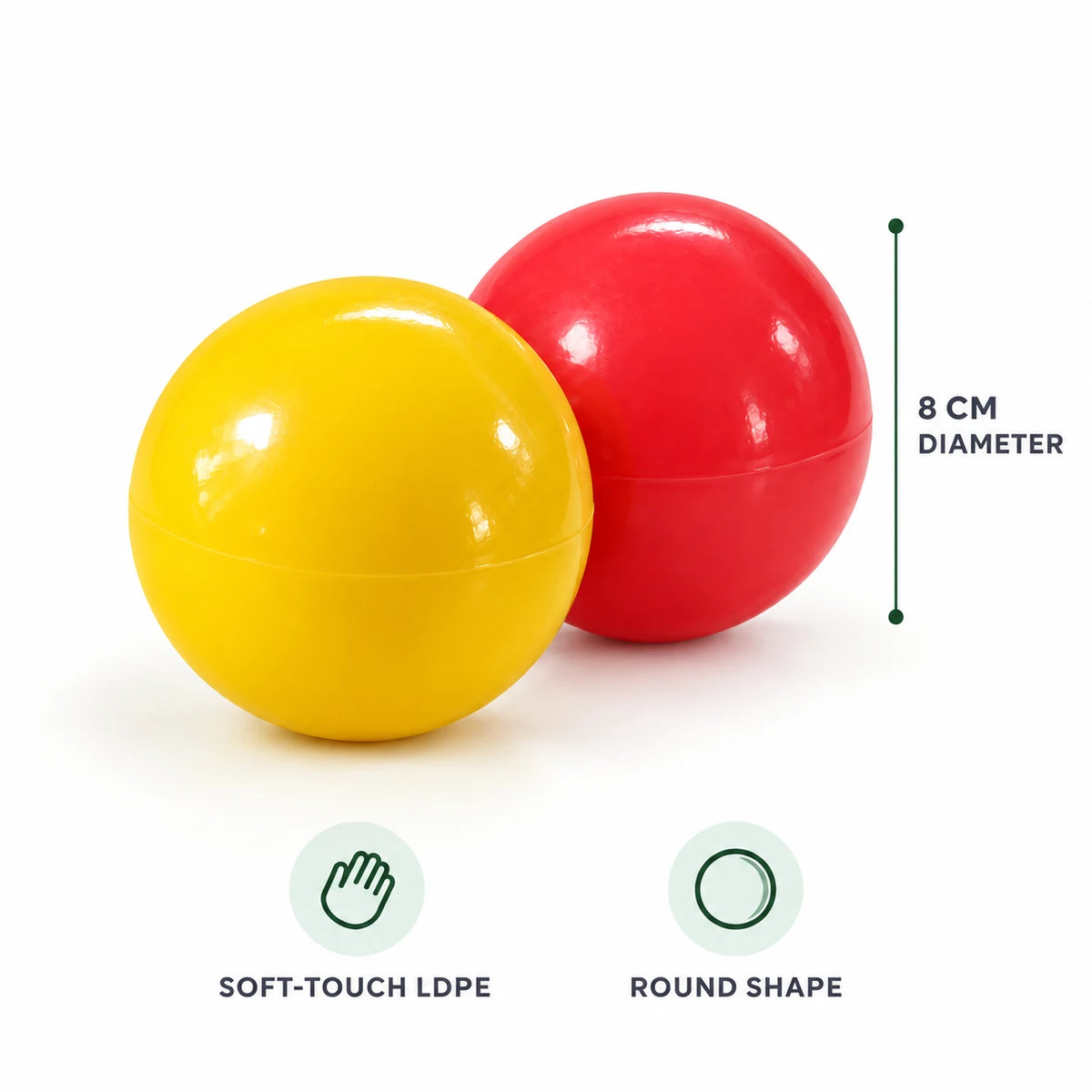 Red and yellow round soft-touch LDPE ball pit balls with material and shape details.